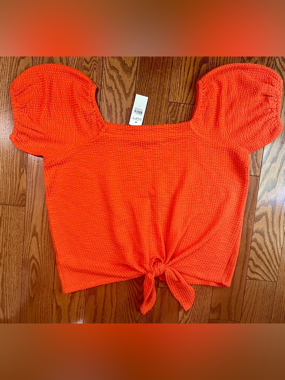 LOFT Orange Puff Sleeve Tie-Front Crop Top